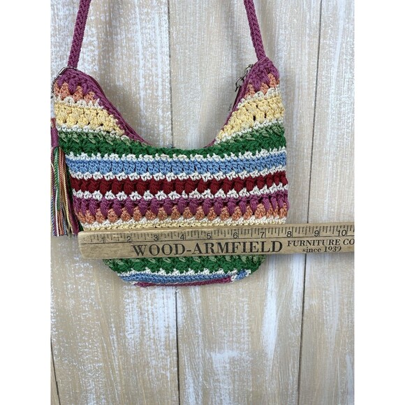 THE SAK Rainbow Crochet Crossbody Bag Boho Festival 9" x 9" Pink Tassel Keychain - Picture 8 of 14